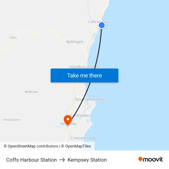 Coffs Harbour Station to Kempsey Station map