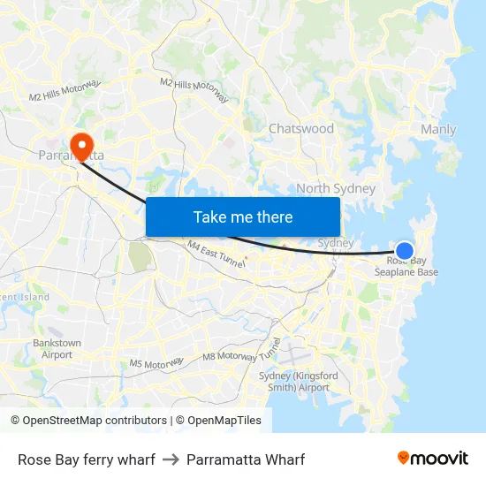 Rose Bay ferry wharf to Parramatta Wharf map
