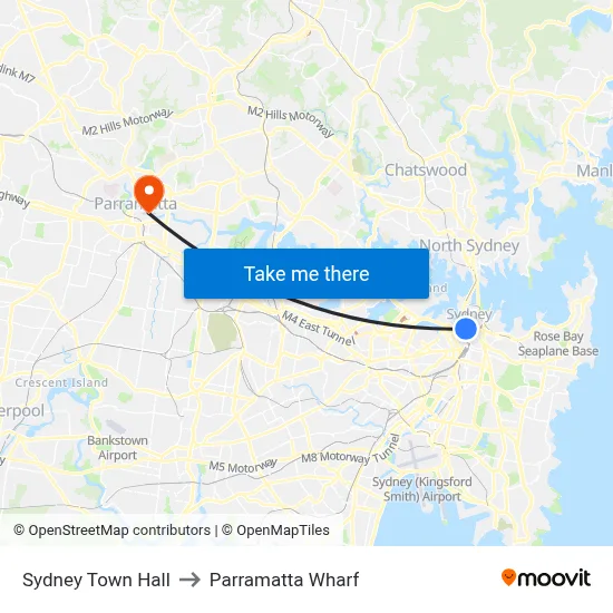 Sydney Town Hall to Parramatta Wharf map