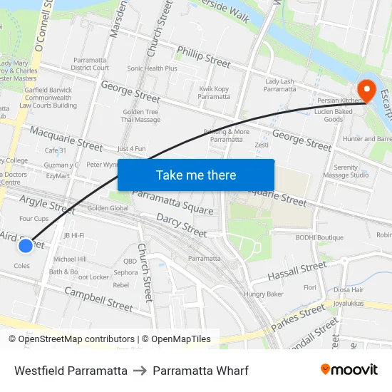 Westfield Parramatta to Parramatta Wharf map