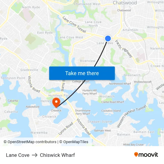 Lane Cove to Chiswick Wharf map
