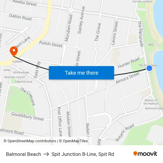 Balmoral Beach to Spit Junction B-Line, Spit Rd map