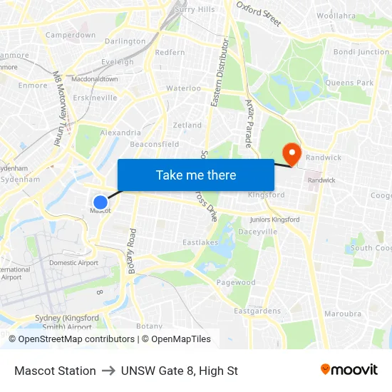 Mascot Station to UNSW Gate 8, High St map
