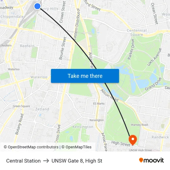 Central Station to UNSW Gate 8, High St map