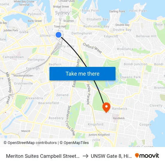Meriton Suites Campbell Street Sydney to UNSW Gate 8, High St map
