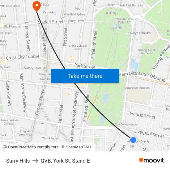 Surry Hills to QVB, York St, Stand E map
