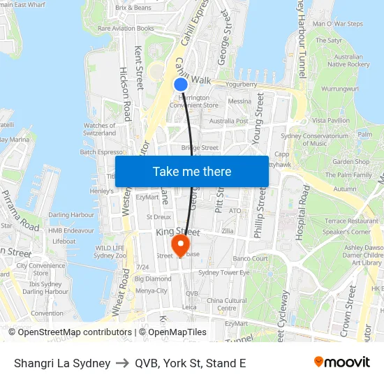 Shangri La Sydney to QVB, York St, Stand E map