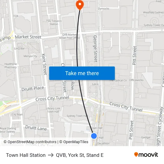 Town Hall Station to QVB, York St, Stand E map