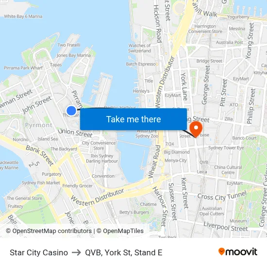 Star City Casino to QVB, York St, Stand E map