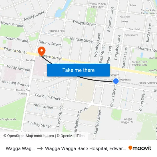 Wagga Wagga to Wagga Wagga Base Hospital, Edward St map