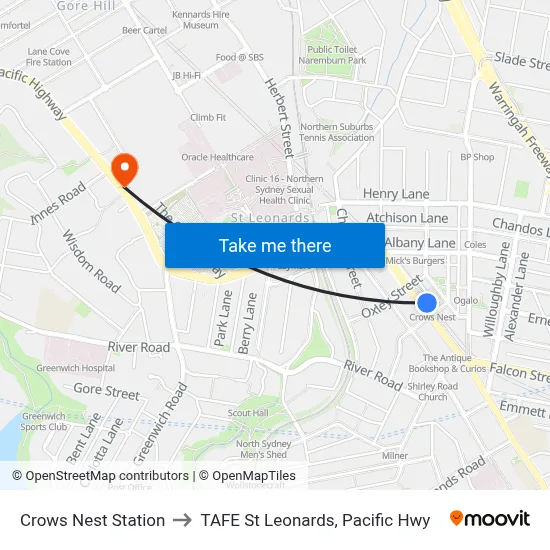 Crows Nest Station to TAFE St Leonards, Pacific Hwy map