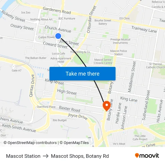 Mascot Station to Mascot Shops, Botany Rd map