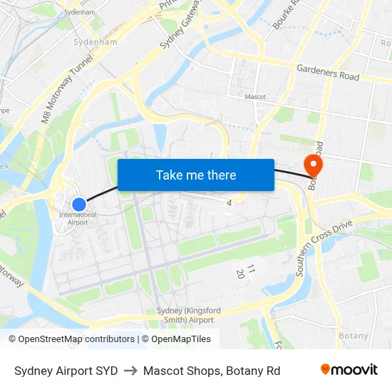Sydney Airport SYD to Mascot Shops, Botany Rd map