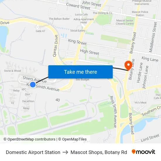 Domestic Airport Station to Mascot Shops, Botany Rd map