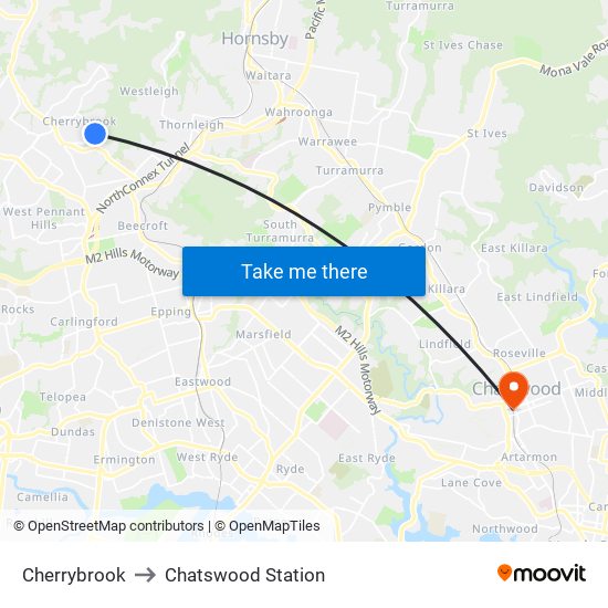Cherrybrook to Chatswood Station map