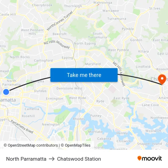 North Parramatta to Chatswood Station map
