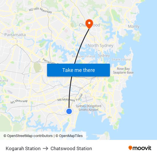 Kogarah Station to Chatswood Station map