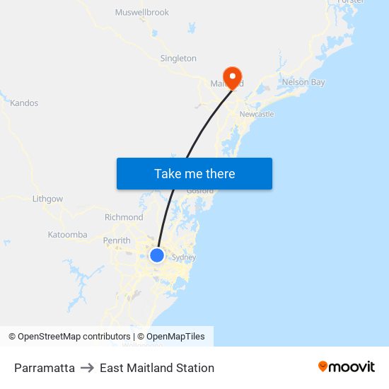 Parramatta to East Maitland Station map