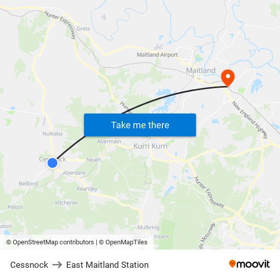 Cessnock to East Maitland Station map