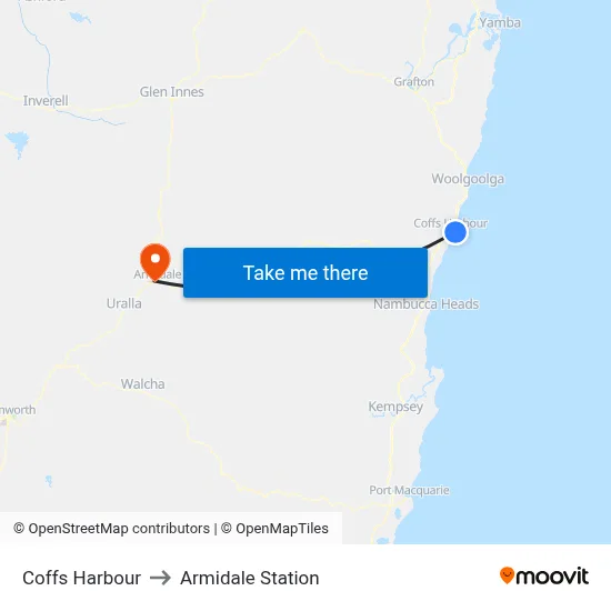 Coffs Harbour to Armidale Station map