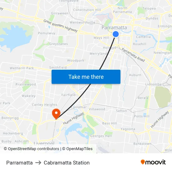Parramatta to Cabramatta Station map