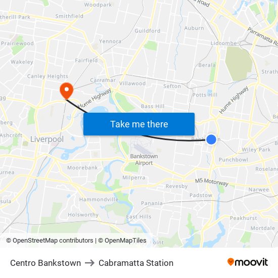 Centro Bankstown to Cabramatta Station map