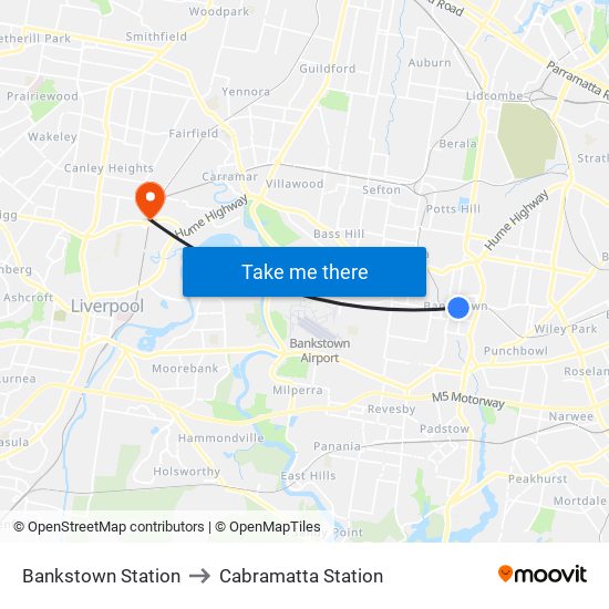 Bankstown Station to Cabramatta Station map