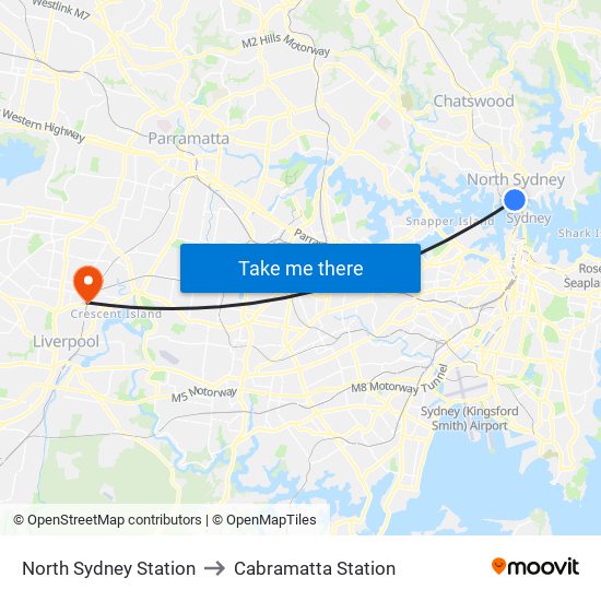 North Sydney Station to Cabramatta Station map