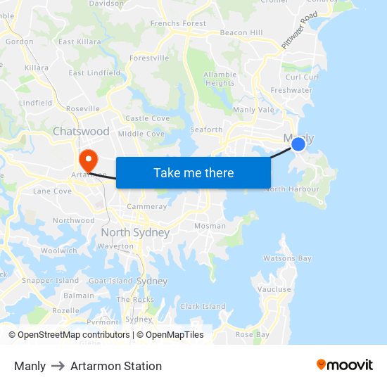 Manly to Artarmon Station map