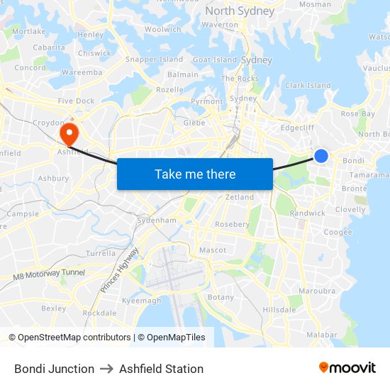 Bondi Junction to Ashfield Station map