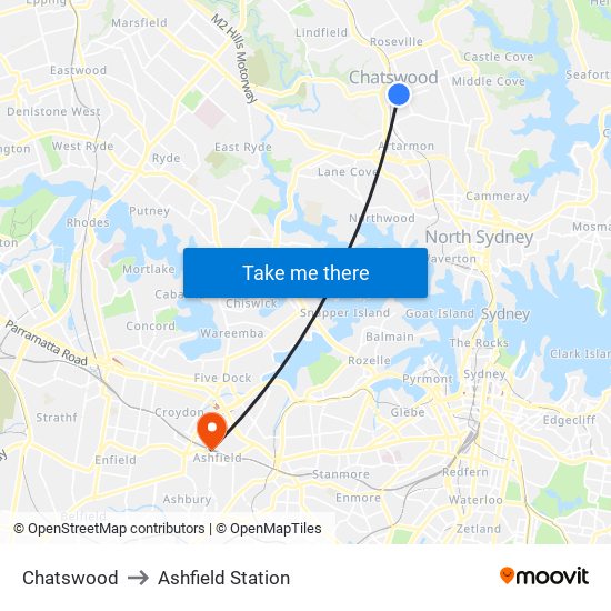 Chatswood to Ashfield Station map