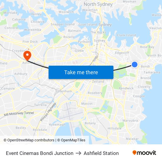 Event Cinemas Bondi Junction to Ashfield Station map