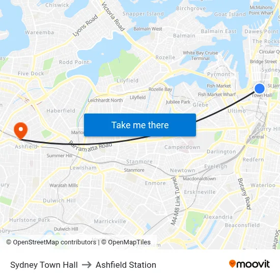 Sydney Town Hall to Ashfield Station map