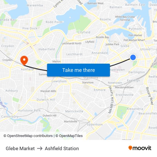 Glebe Market to Ashfield Station map