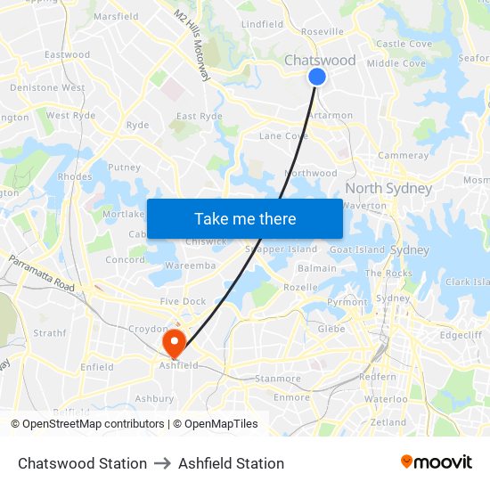 Chatswood Station to Ashfield Station map