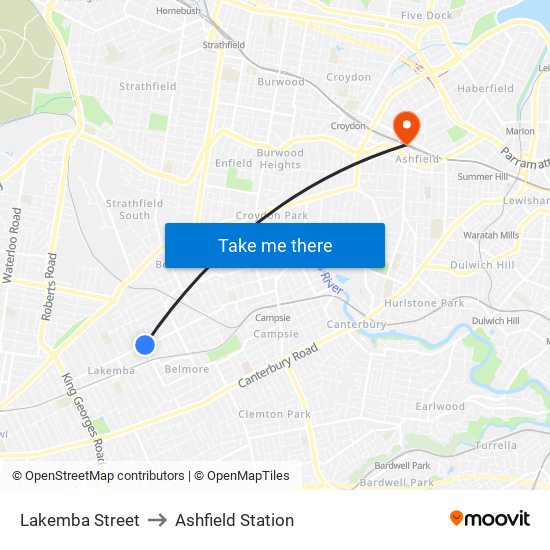 Lakemba Street to Ashfield Station map