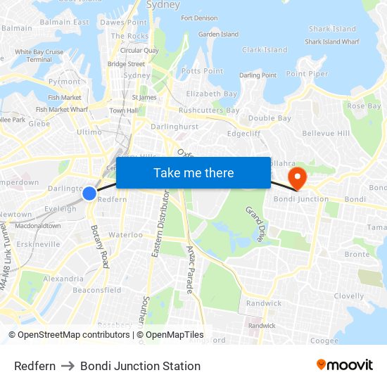 Redfern to Bondi Junction Station map