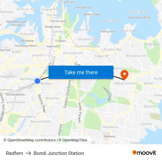 Redfern to Bondi Junction Station map