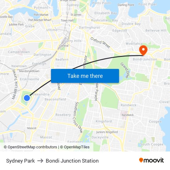 Sydney Park to Bondi Junction Station map