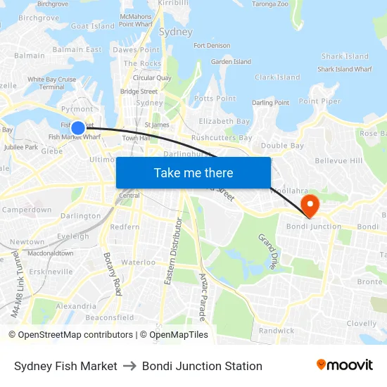 Sydney Fish Market to Bondi Junction Station map