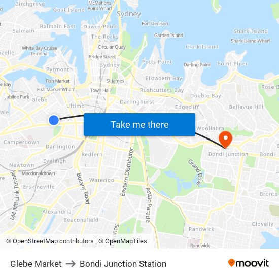 Glebe Market to Bondi Junction Station map