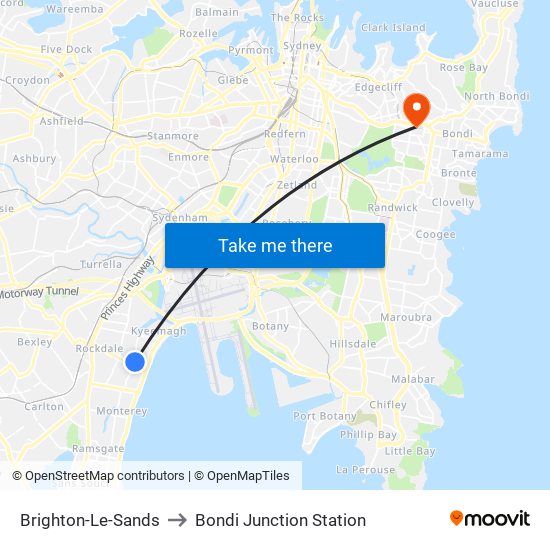 Brighton-Le-Sands to Bondi Junction Station map