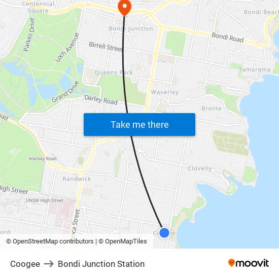 Coogee to Bondi Junction Station map