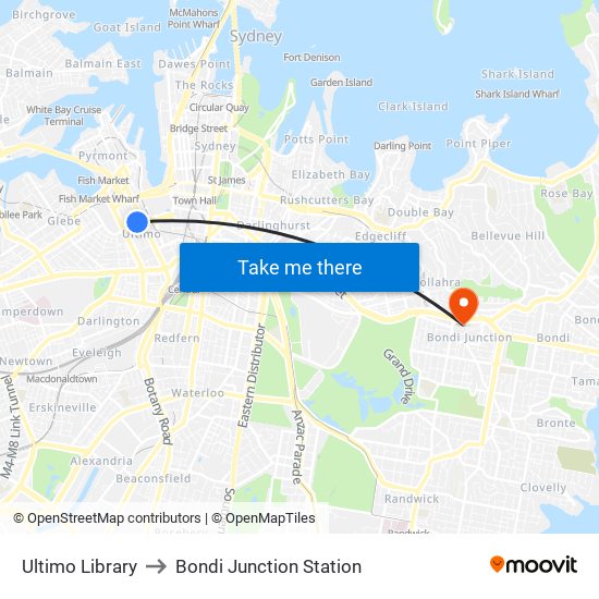 Ultimo Library to Bondi Junction Station map