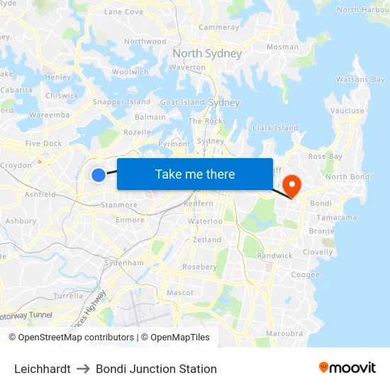 Leichhardt to Bondi Junction Station map