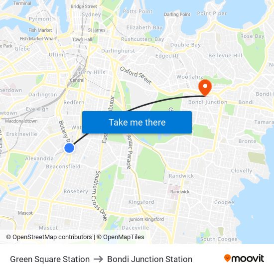 Green Square Station to Bondi Junction Station map