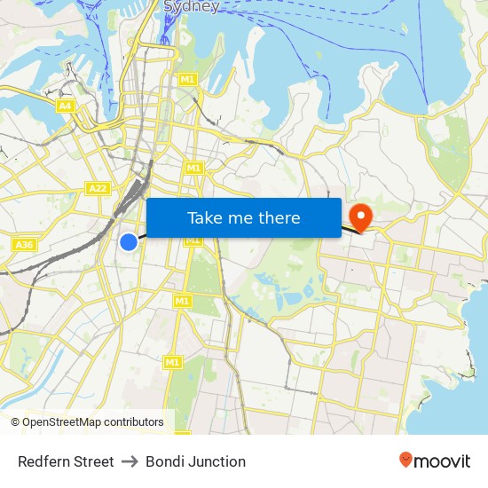 Redfern Street to Bondi Junction map
