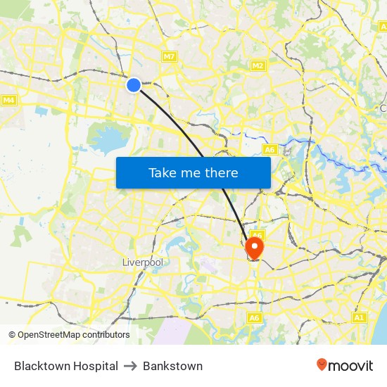 Blacktown Hospital to Bankstown map