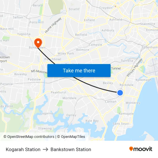Kogarah Station to Bankstown Station map