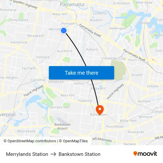 Merrylands Station to Bankstown Station map